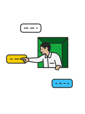 Illustration of man in a green window clicking a chat icon