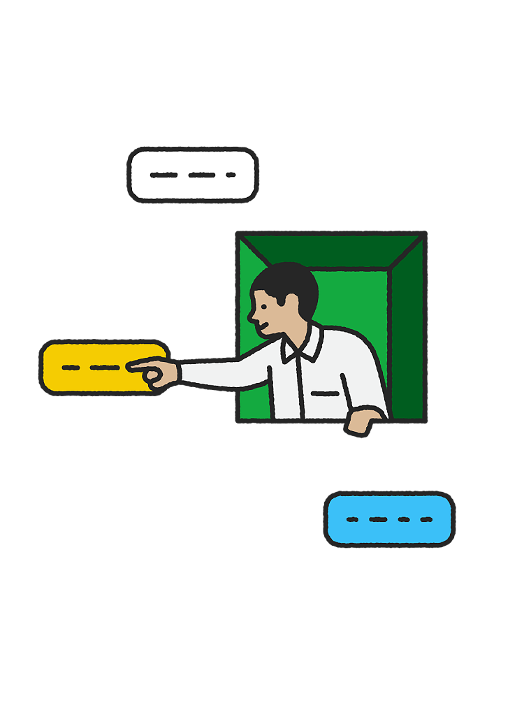 Illustration of man in a green window clicking a chat icon