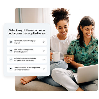 two people reviewing common tax deductions on H&R Block Deluxe Online Tax Filing, including mortgage interest, real estate taxes, vehicle tax, and charitable donations