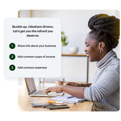 person using H&R Block Self-Employed Online Tax Filing on a laptop with steps for rideshare drivers to share business info, add income types, and add common expenses