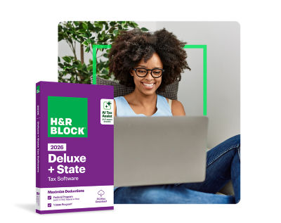 Person using H&R Block Deluxe + State Tax Software on a laptop at home for easy tax filing and maximizing deductions