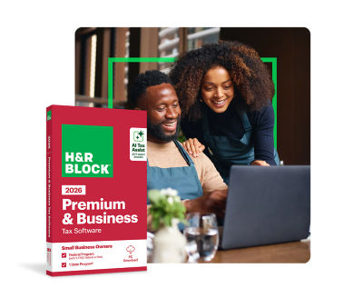 Two small business owners using H&R Block Premium & Business Tax Software on a laptop to manage taxes and maximize deductions