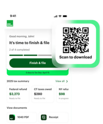 screenshot of H&R Block tax prep app homescreen