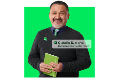 tax professional holding a green notebook with text offering tax review services