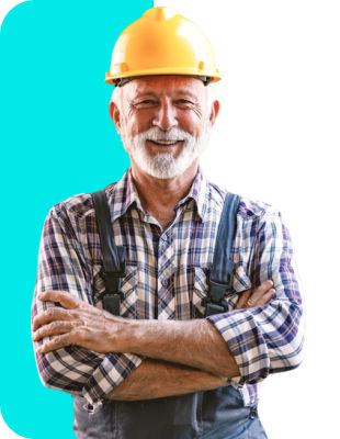 A home contractor smiling with a hard hat and arms crossed