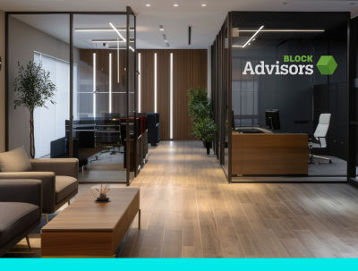 A Block Advisors neighborhood office location showing an empty lobby and meeting room